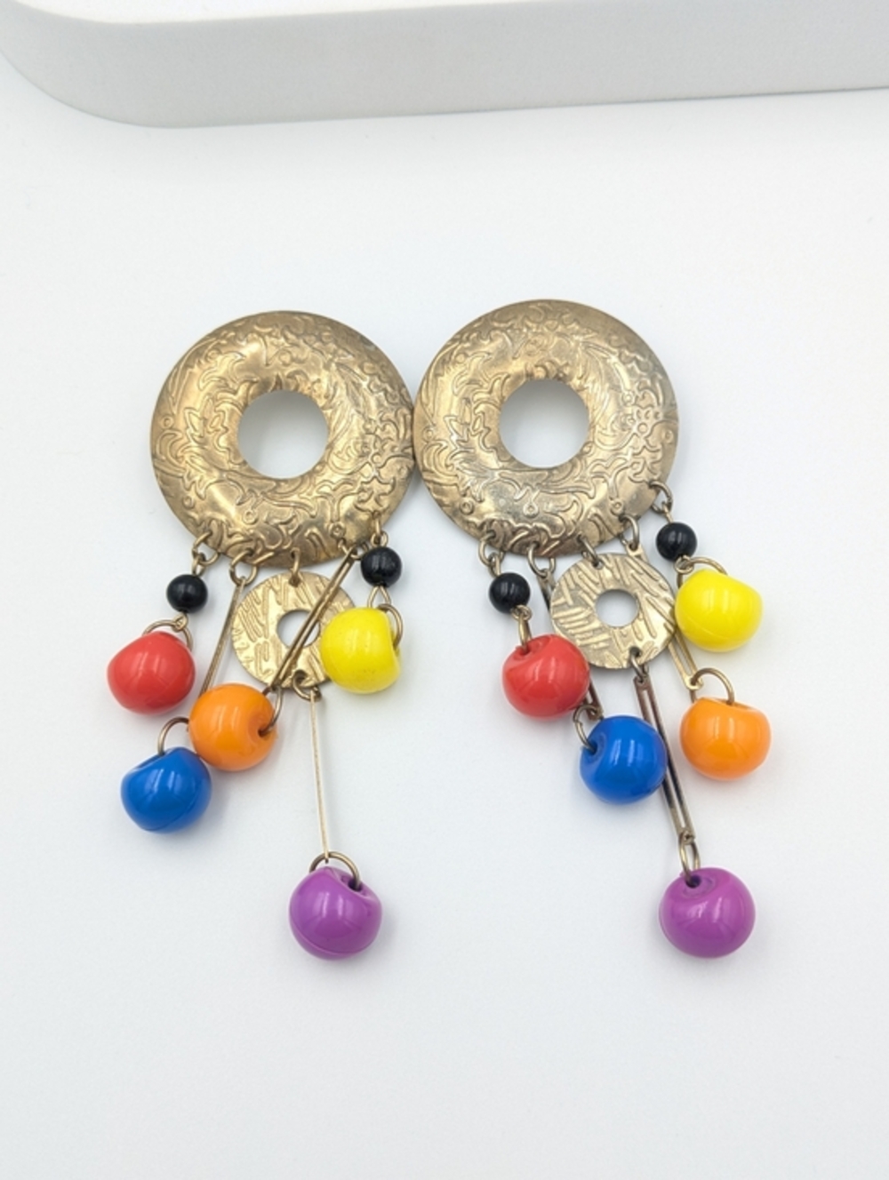 Vintage bold large colourful gold tone dangle stud earrings